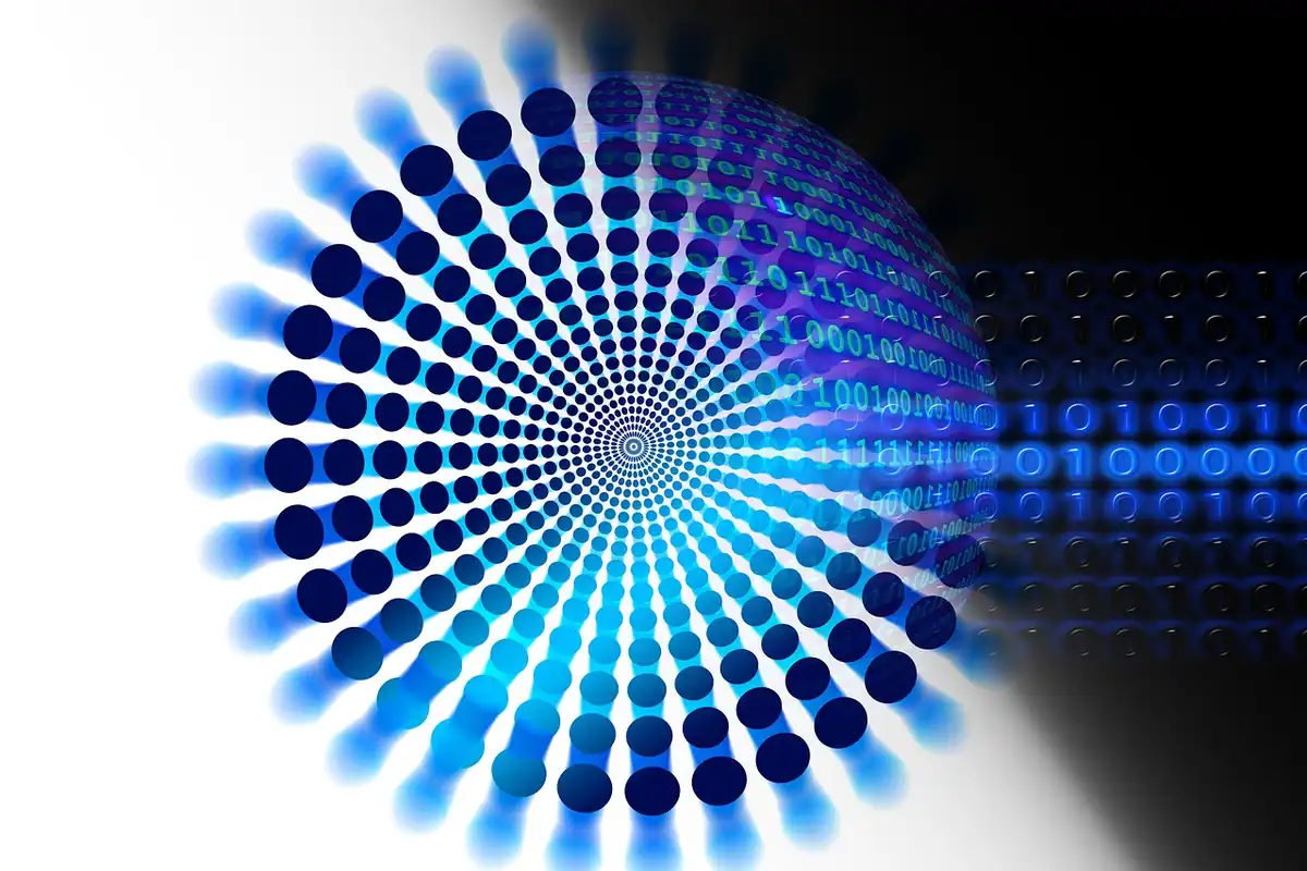 Spirală abstractă din puncte albastre și cifre binare, sugerând volume mari de date