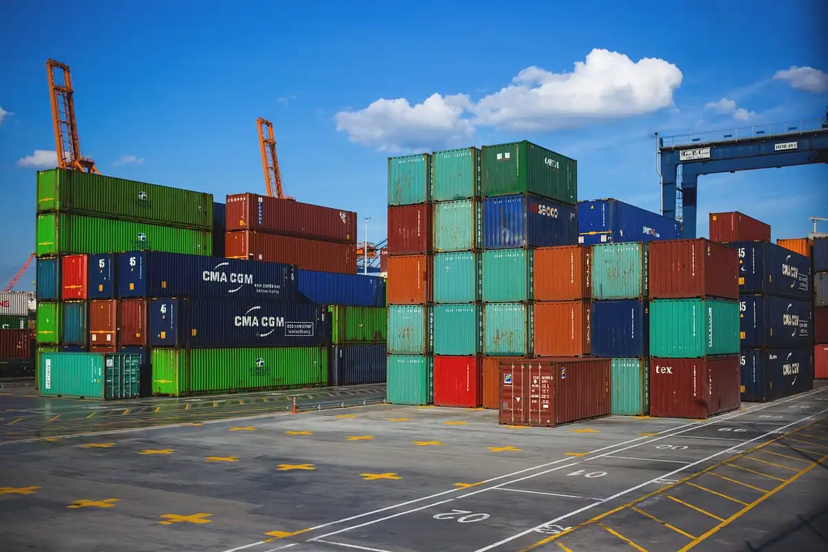 Containere de marfă stivuite pe cheul unui port, imagine care ilustrează izolarea containerelor software