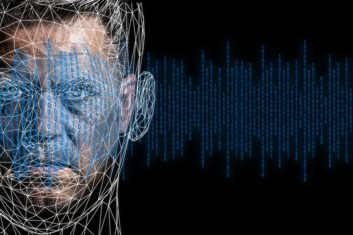 Chip uman acoperit de o rețea digitală, alături de unde sonore generate