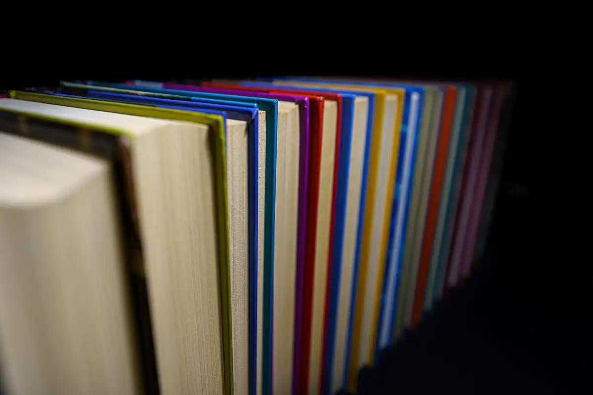 Rafturi de bibliotecă pline cu cărți aliniate, într-o sală de lectură liniștită