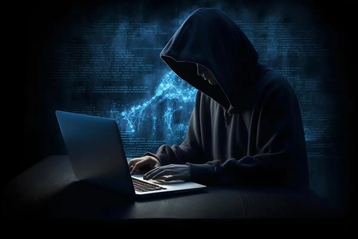 Persoană cu glugă care tastează pe laptop într-o cameră întunecată