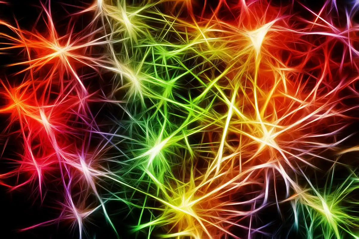 Neuroni colorați cu ramificații luminoase care se conectează între ei