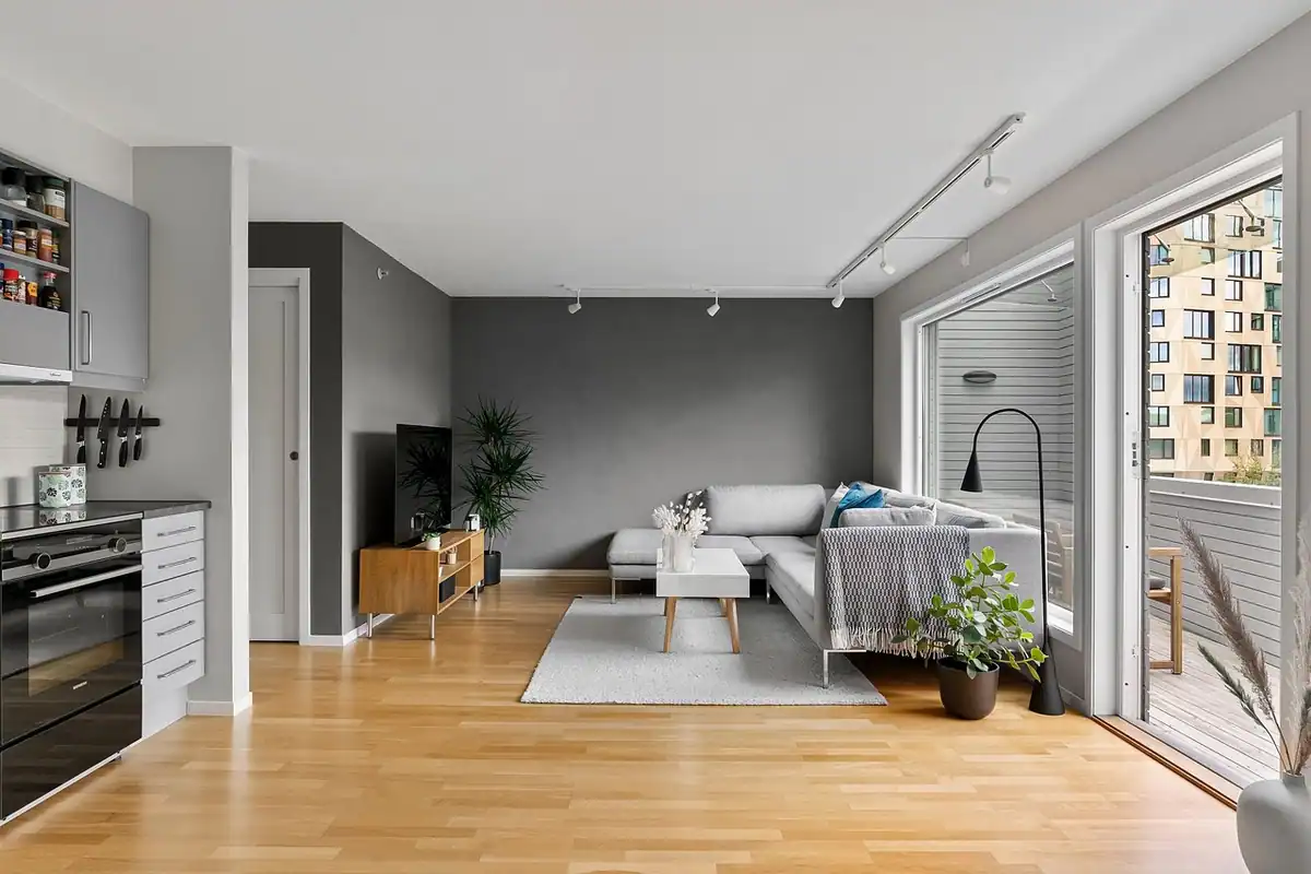 Living modern într-un apartament, cu canapea și lumină naturală