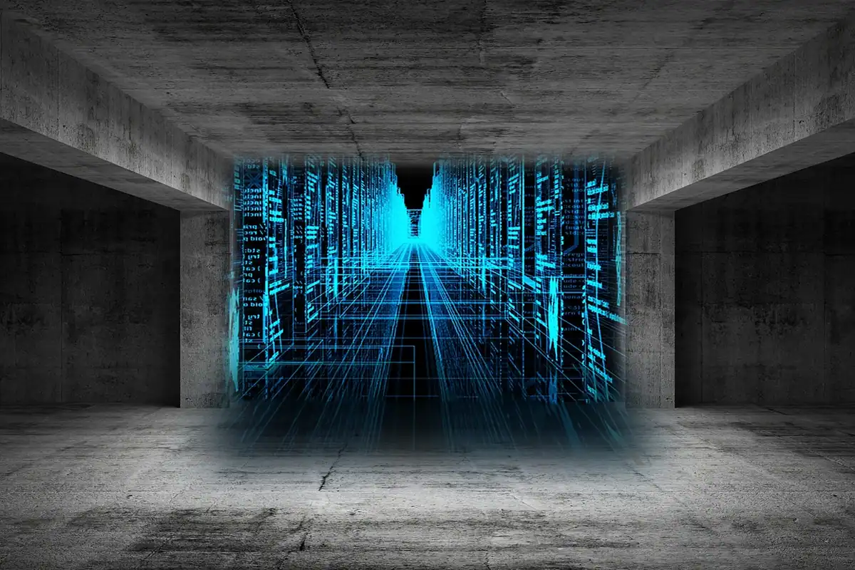 Coridor digital cu date luminoase într-o încăpere goală de beton